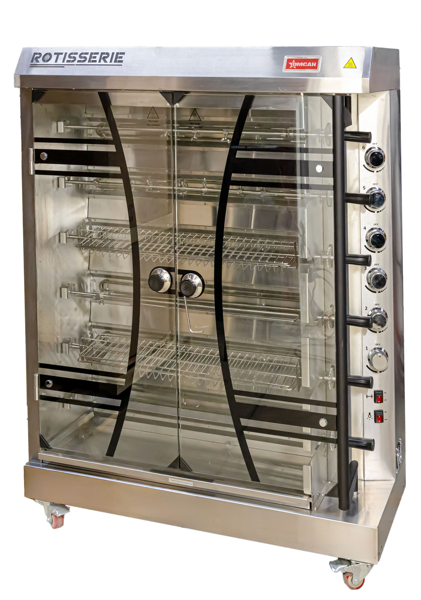Omcan 48195 46" Electric Rotisserie Grill, 6 Spits, 36 Chicken Capacity, 12 kW, Tempered Glass Doors