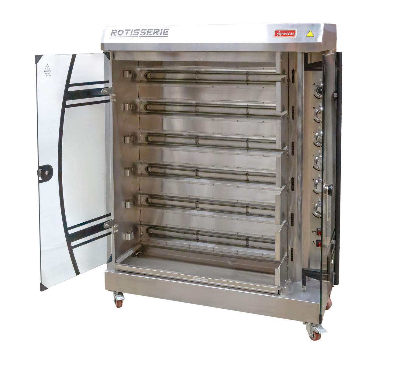 Omcan 48195 46" Electric Rotisserie Grill, 6 Spits, 36 Chicken Capacity, 12 kW, Tempered Glass Doors
