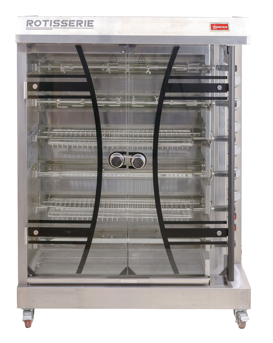 Omcan 48195 46" Electric Rotisserie Grill, 6 Spits, 36 Chicken Capacity, 12 kW, Tempered Glass Doors