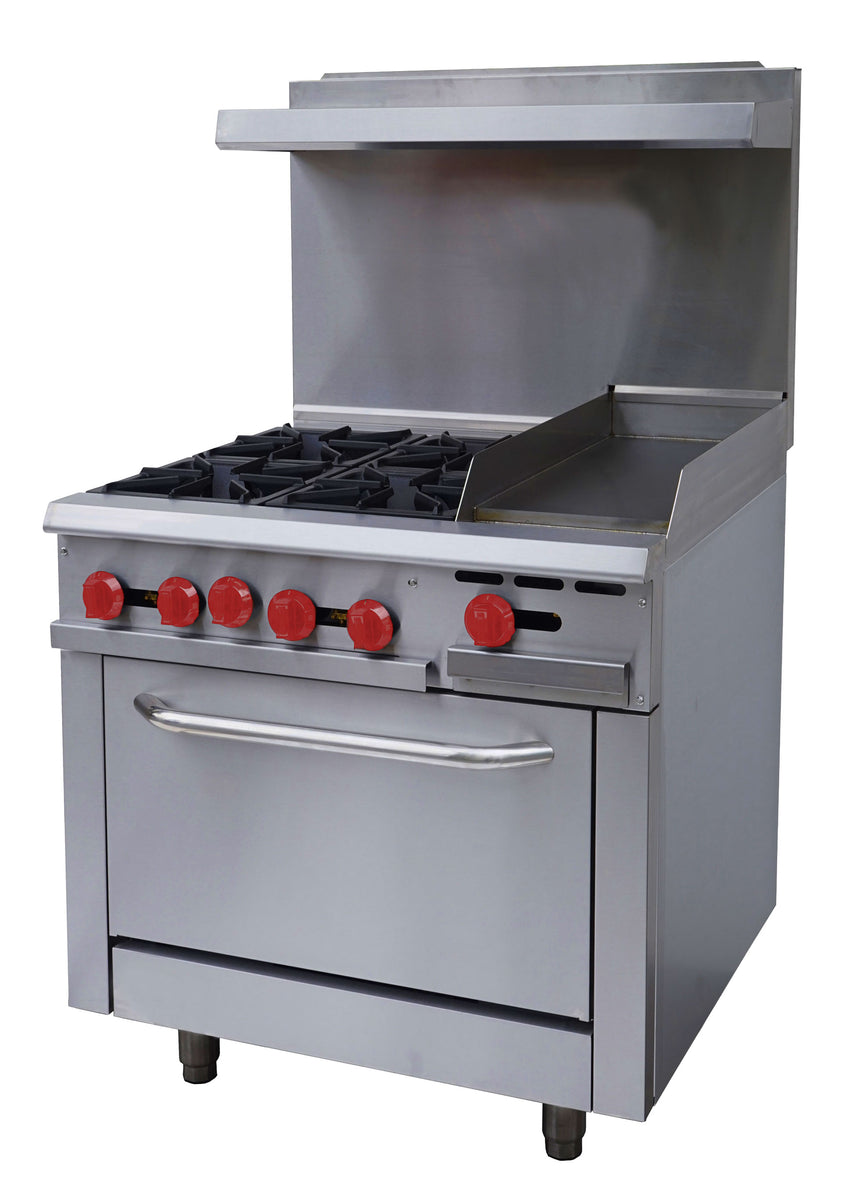 Omcan 46025 36" Commercial Gas Range, 4 Burners, 12" Griddle, Standard Oven, Natural Gas