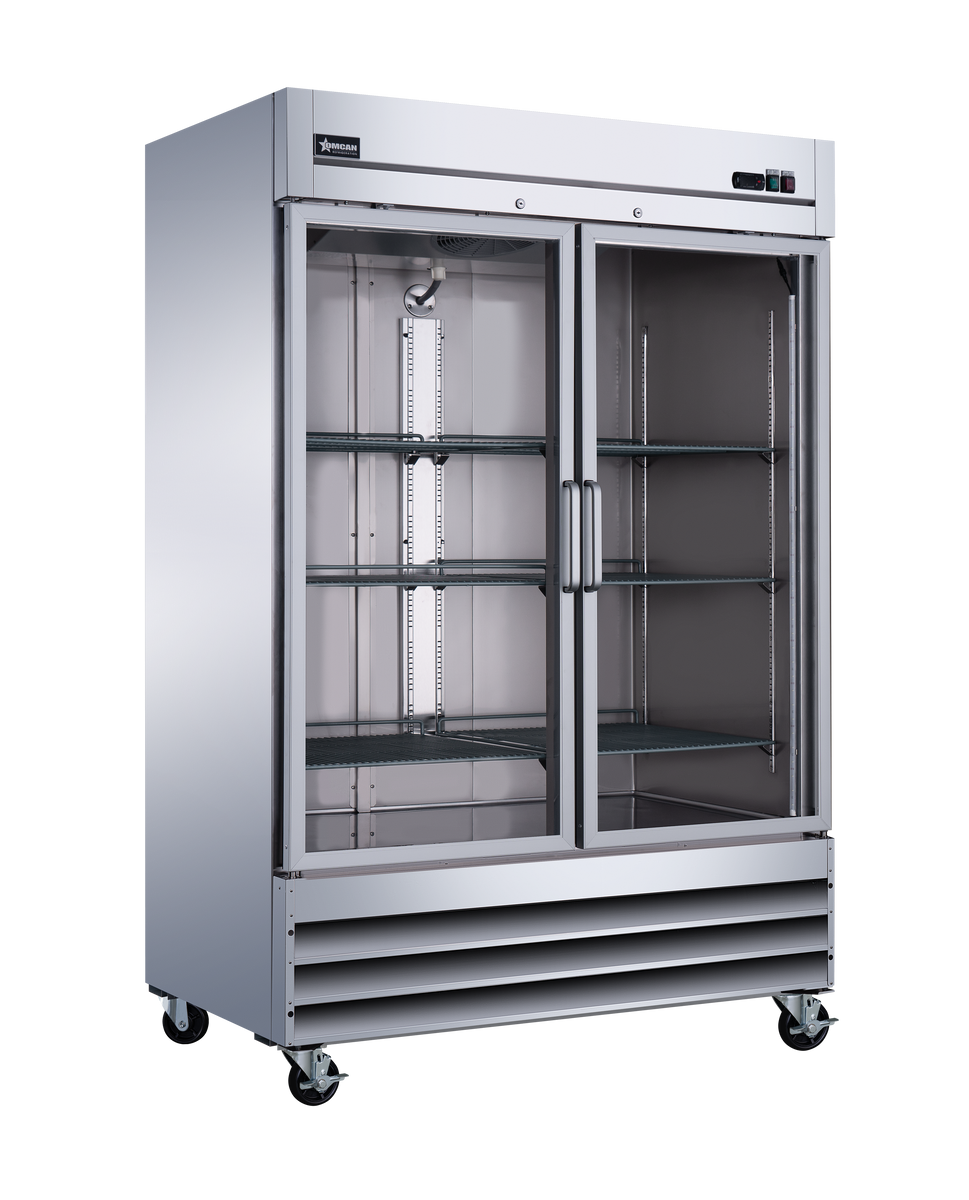 Omcan 51026 54 In. Stainless Steel Glass Door Reach-In Refrigerator, 47 Cu. Ft., Embraco Compressor, Manual Defrost