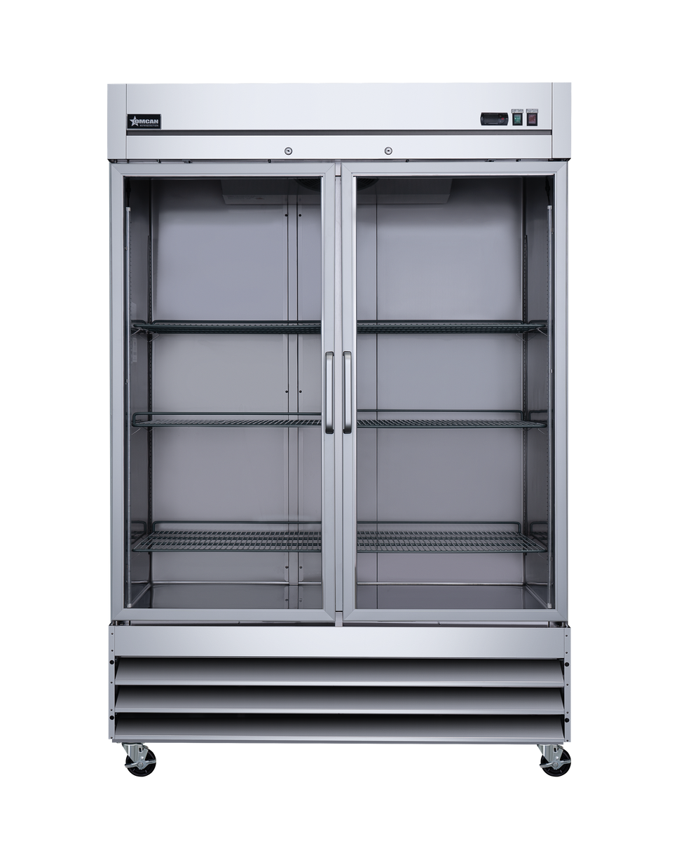 Omcan 51026 54 In. Stainless Steel Glass Door Reach-In Refrigerator, 47 Cu. Ft., Embraco Compressor, Manual Defrost