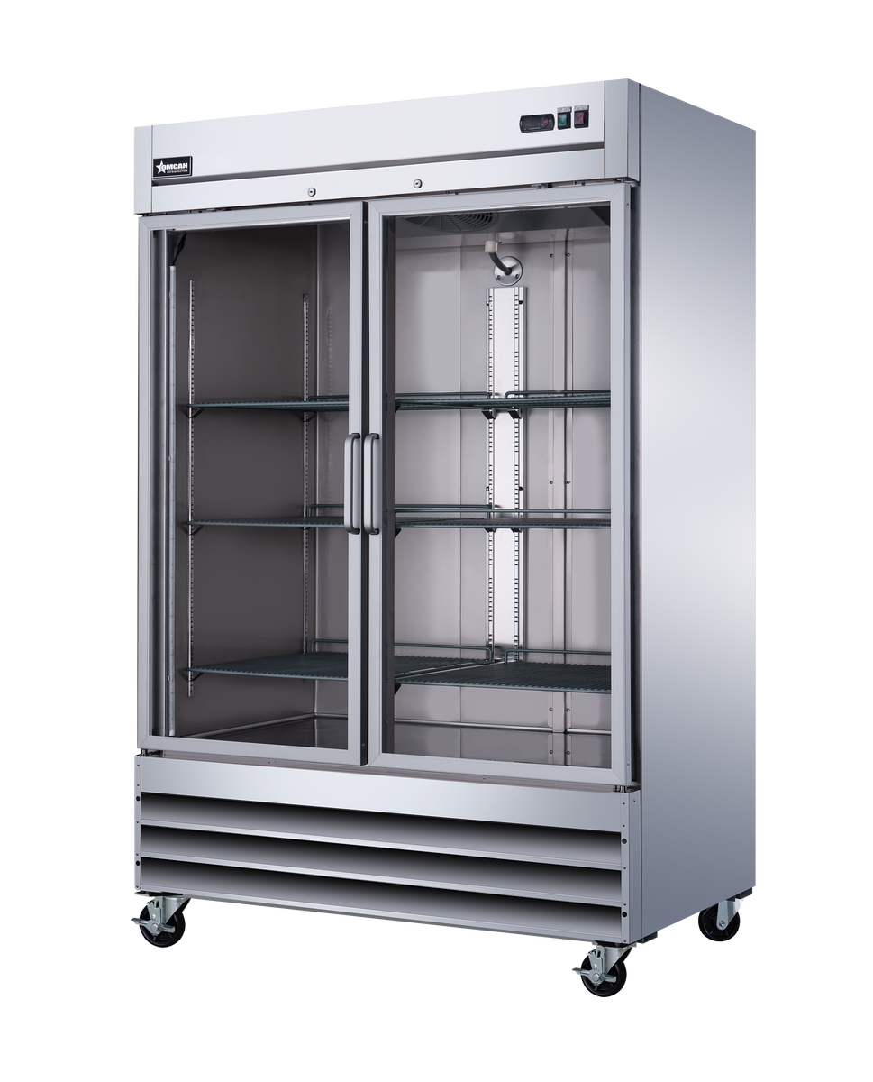 Omcan 51026 54 In. Stainless Steel Glass Door Reach-In Refrigerator, 47 Cu. Ft., Embraco Compressor, Manual Defrost