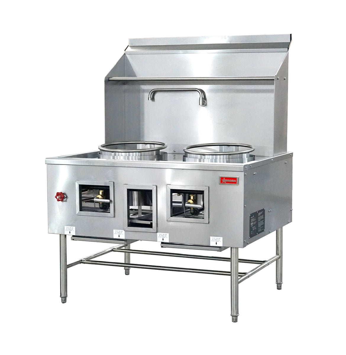 Omcan CE-CN-W2L2-NG 47.5 In. Natural Gas Chamber Wok Range, 2 chambers (2x16"), 250,000 BTU, Stainless Steel Faucet and Backsplash