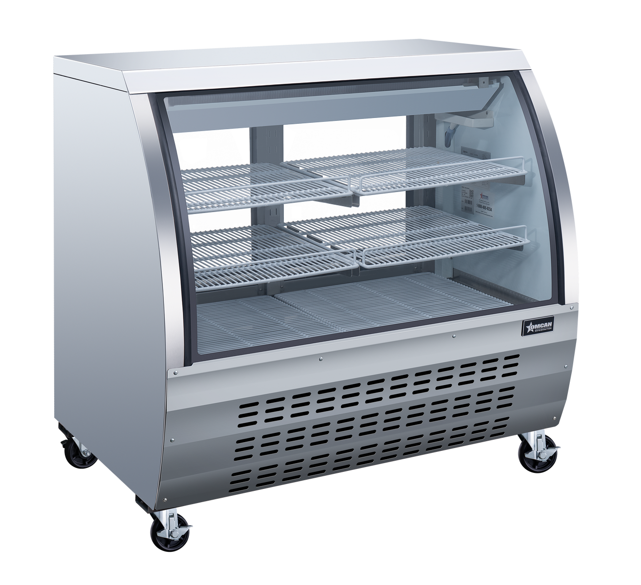 Omcan 50079 47 In. Stainless Steel Curved Glass Refrigerated Floor Showcase, 18 Cu. Ft., Embraco Compressor