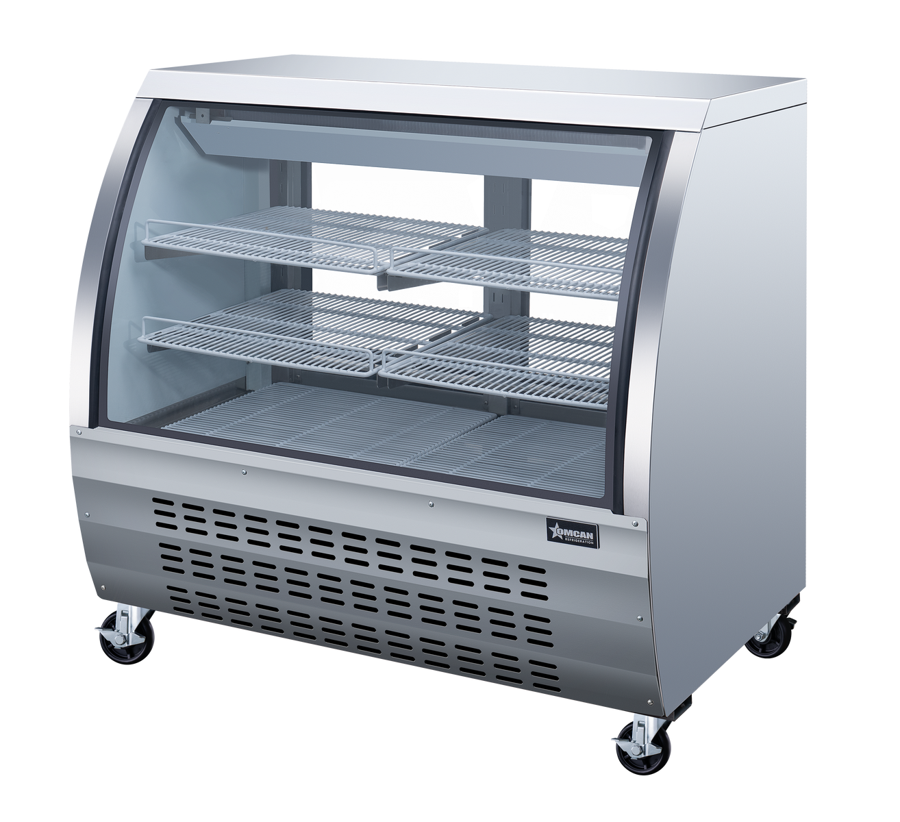 Omcan 50079 47 In. Stainless Steel Curved Glass Refrigerated Floor Showcase, 18 Cu. Ft., Embraco Compressor