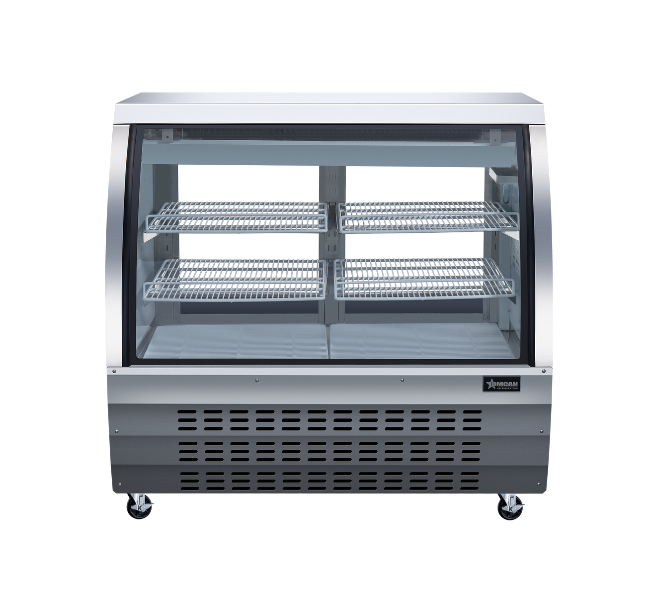Omcan 50079 47 In. Stainless Steel Curved Glass Refrigerated Floor Showcase, 18 Cu. Ft., Embraco Compressor
