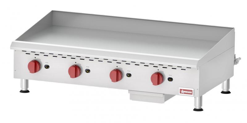 Omcan CE-CN-G48M 48 In. Countertop Natural Gas Griddle, 4 Burners, 120,000 BTU, Manual Control, 3/4 In. Thick Plate