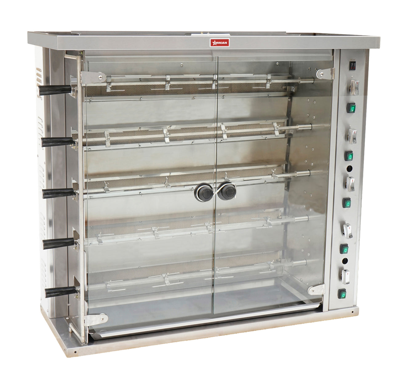 Omcan CE-CN-KJ-5 47 In. Natural Gas Rotisserie, 5 Spits (20 Chickens), 105,000 BTU, Individually Controlled Infrared Burners
