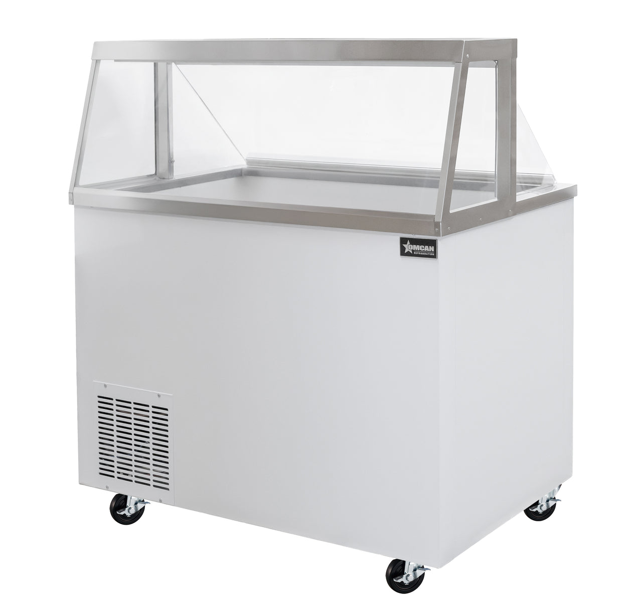 Omcan FR-CN-0047 47 In. Ice Cream Dipping Freezer with Sneeze Guard, 8 Display Tubs + 4 Storage, Sliding Doors
