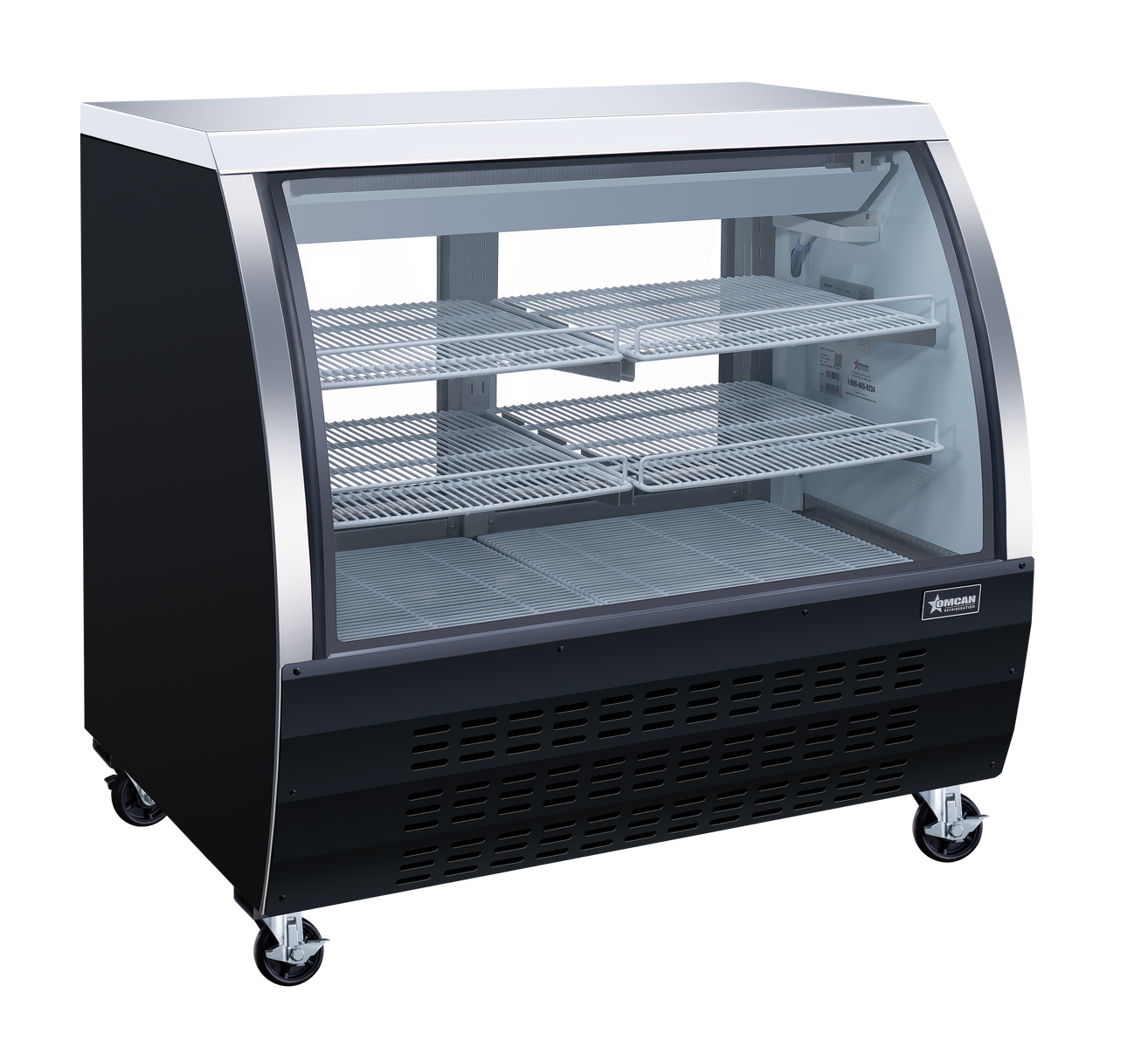 Omcan RS-CN-0120-B 47 In. Black Floor Refrigerated Showcase, 18 Cu. Ft., Curved Glass, Rear Sliding Doors