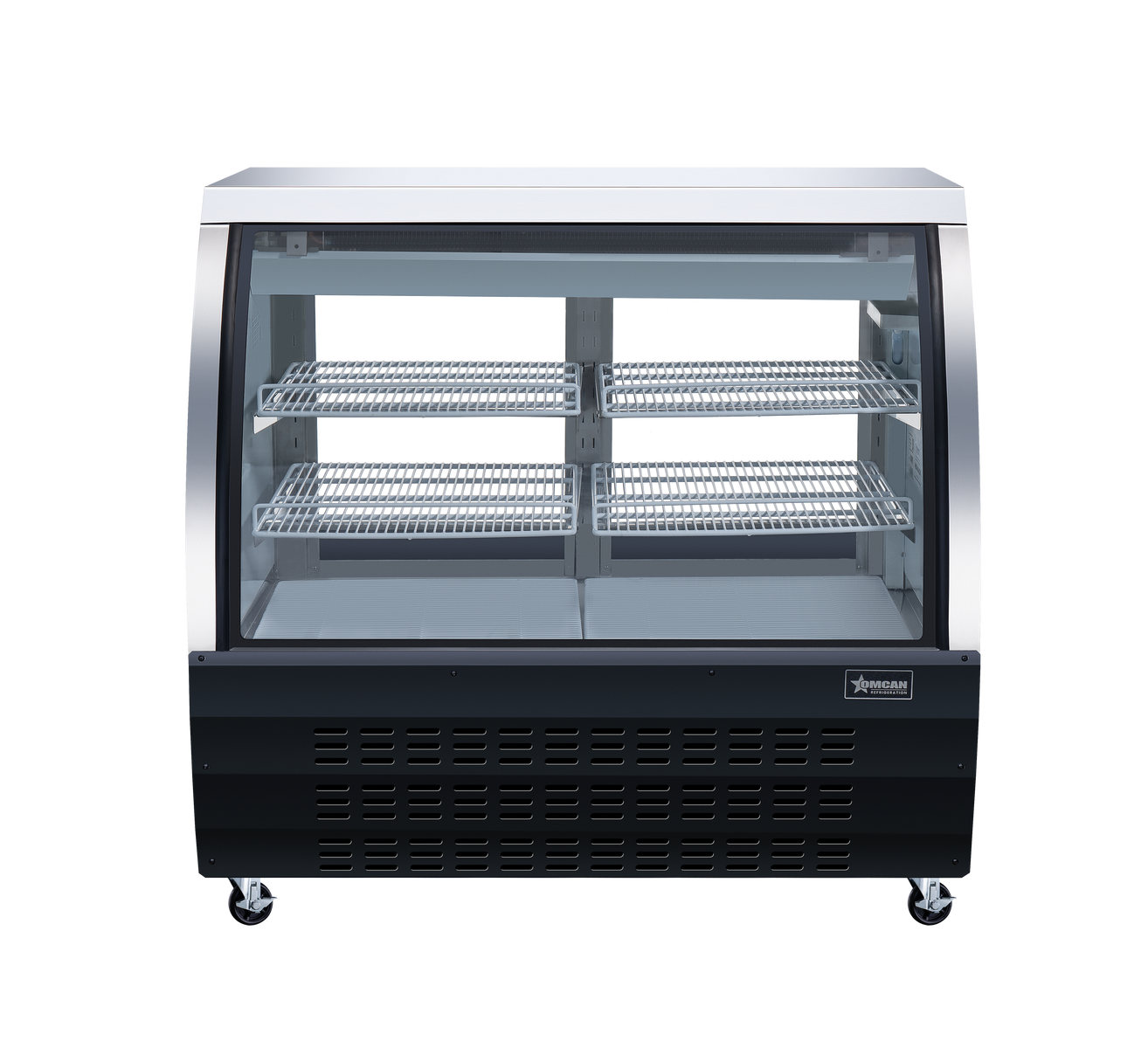 Omcan RS-CN-0120-B 47 In. Black Floor Refrigerated Showcase, 18 Cu. Ft., Curved Glass, Rear Sliding Doors
