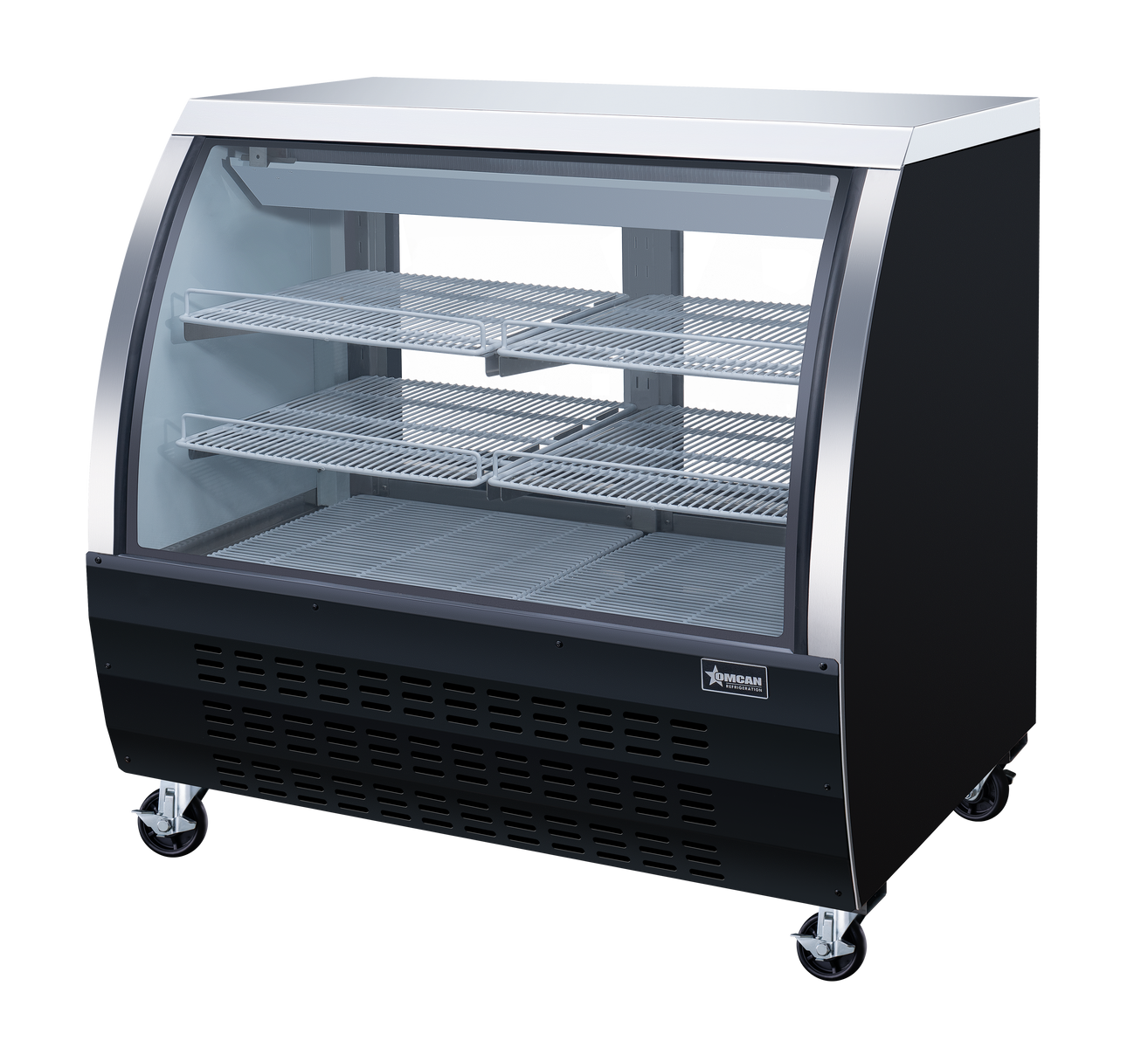 Omcan RS-CN-0120-B 47 In. Black Floor Refrigerated Showcase, 18 Cu. Ft., Curved Glass, Rear Sliding Doors