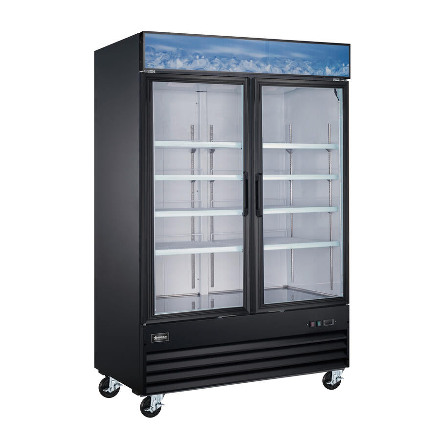 Omcan RE-CN-0045-HC-SB 53 In. Black Glass Door Display Refrigerator, 2 Swing Doors, 45 Cu. Ft., Bottom-Mounted