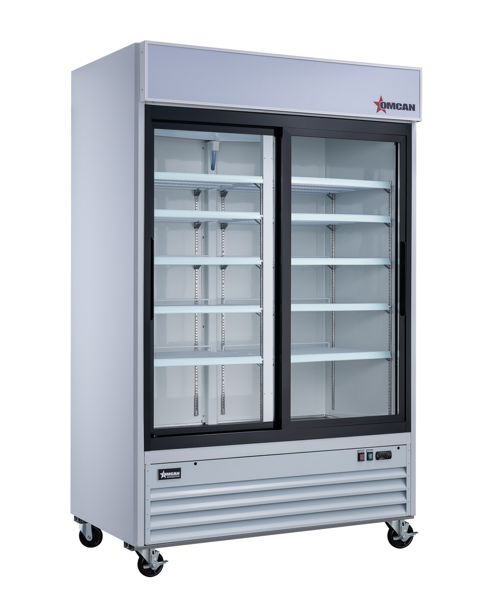Omcan RE-CN-0045-HC 53 In. White Glass Door Display Refrigerator, 2 Sliding Doors, 45 Cu. Ft., Bottom-Mounted