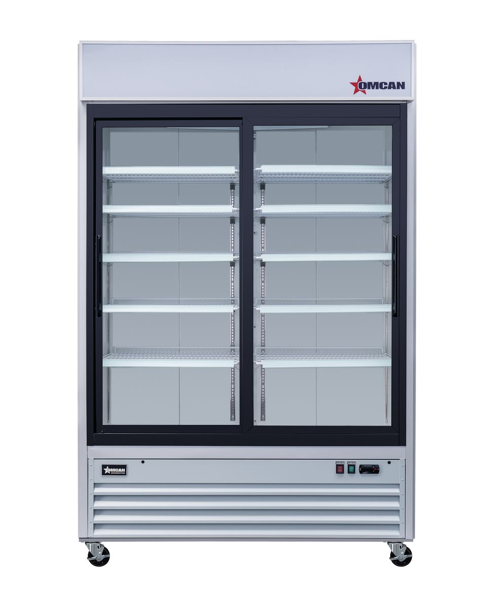 Omcan RE-CN-0045-HC 53 In. White Glass Door Display Refrigerator, 2 Sliding Doors, 45 Cu. Ft., Bottom-Mounted