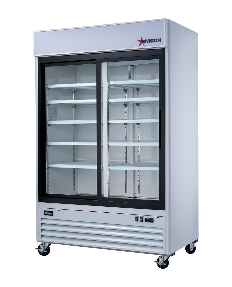 Omcan RE-CN-0045-HC 53 In. White Glass Door Display Refrigerator, 2 Sliding Doors, 45 Cu. Ft., Bottom-Mounted