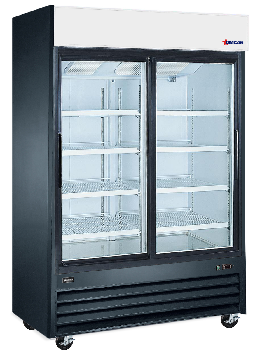 Omcan RE-CN-0045-HC-BK 53 In. Black Glass Door Display Refrigerator, 2 Sliding Doors, 45 Cu. Ft., Bottom-Mounted