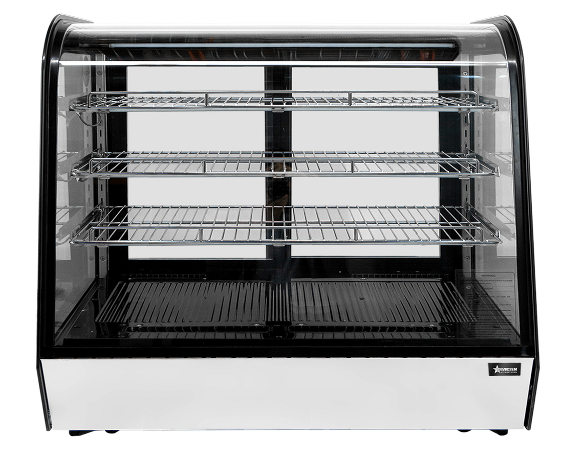 Omcan 47968 RC-CN-467°F 60 In. Countertop Curved Glass Refrigerated Display, 9.78 Cu. Ft. (277L), 3 Shelves, R290, Rear Sliding Doors