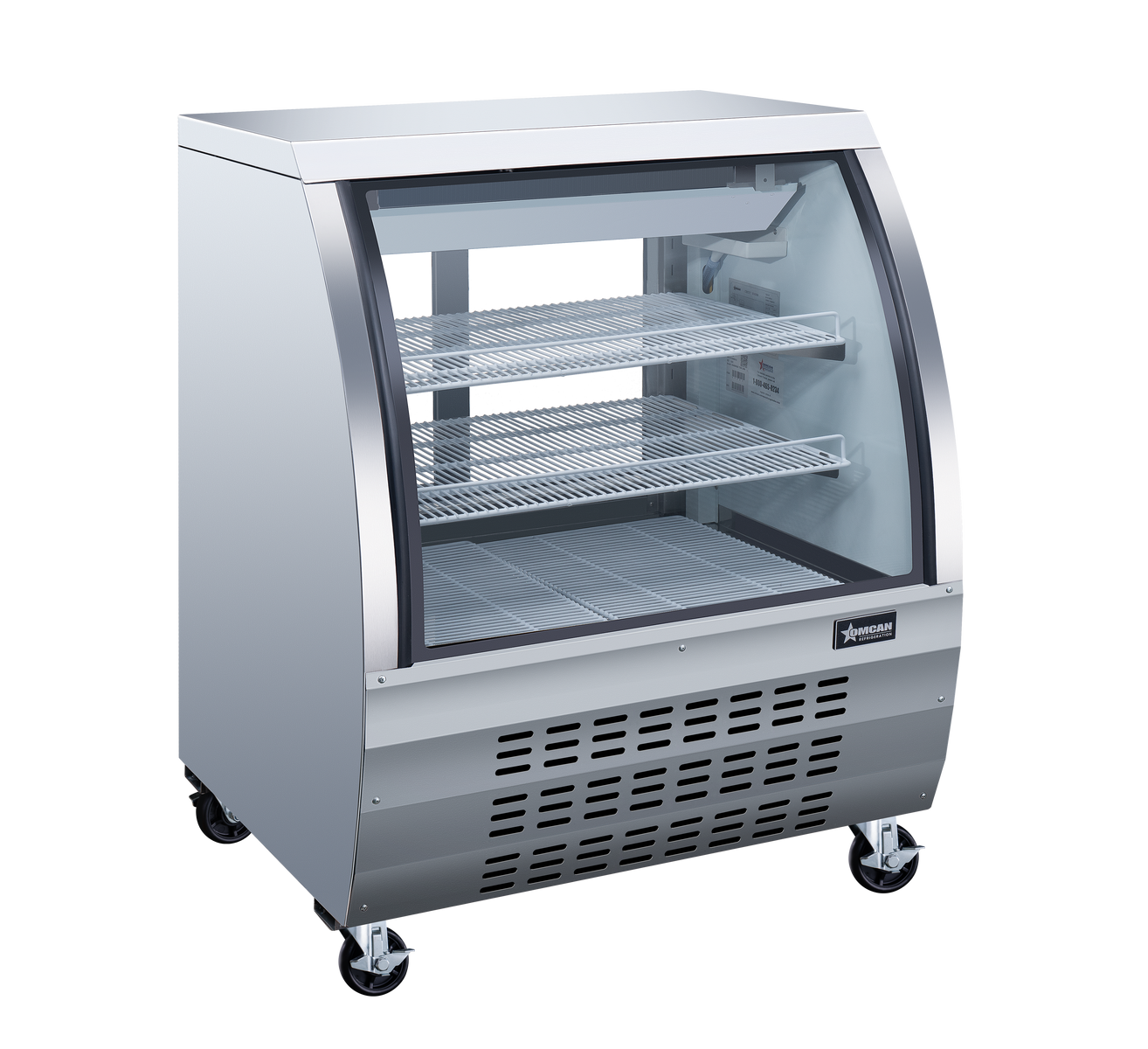 Omcan 50084 36 In. Stainless Steel Curved Glass Refrigerated Floor Showcase, 11.6 Cu. Ft., Embraco Compressor