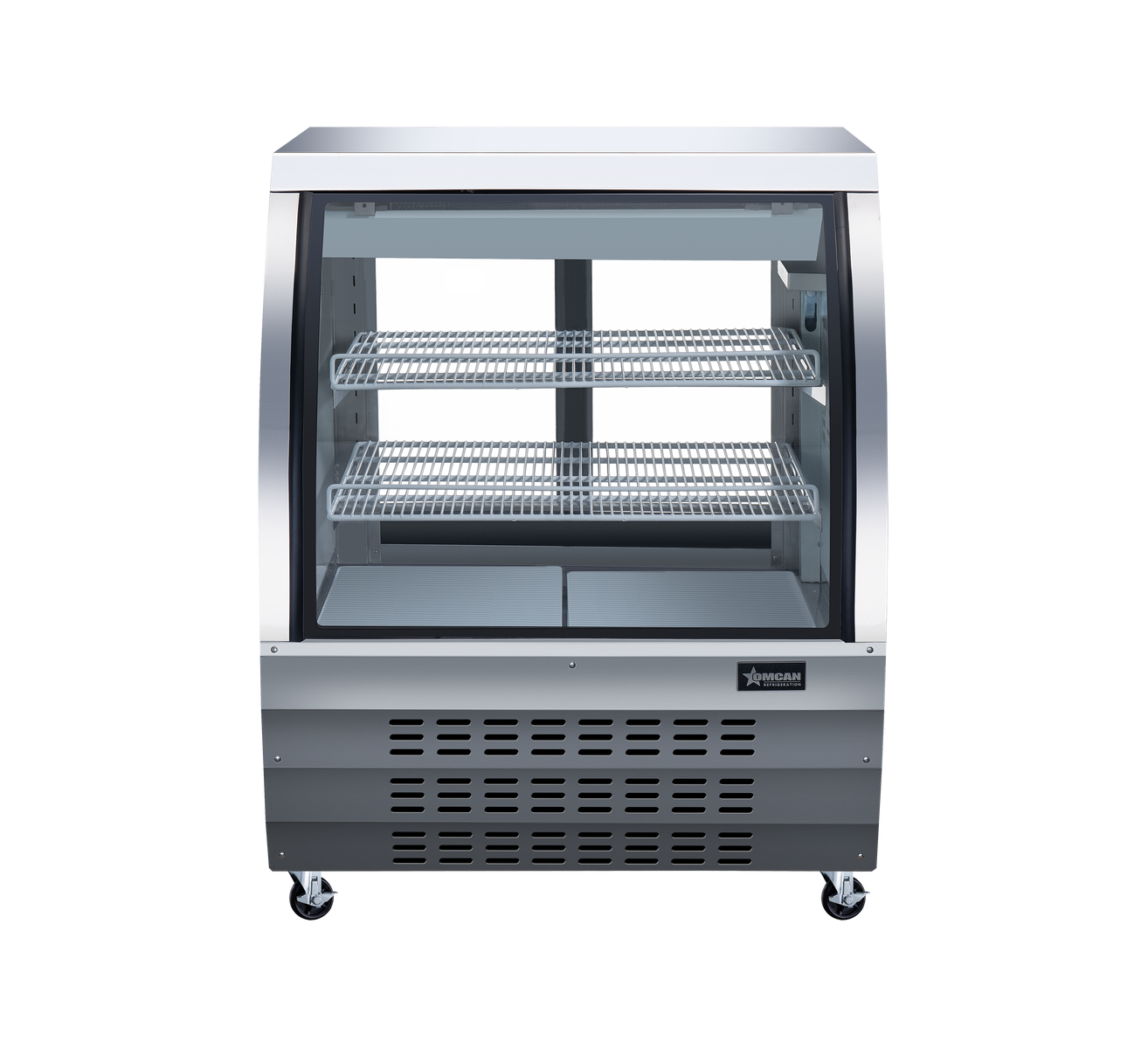 Omcan 50084 36 In. Stainless Steel Curved Glass Refrigerated Floor Showcase, 11.6 Cu. Ft., Embraco Compressor