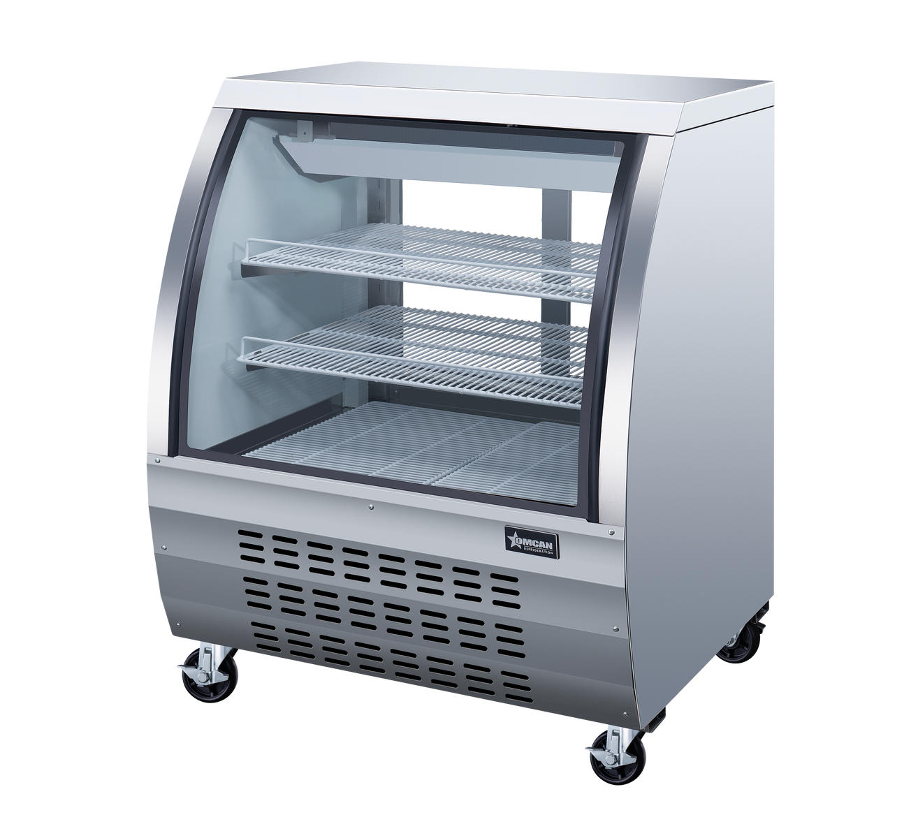 Omcan 50084 36 In. Stainless Steel Curved Glass Refrigerated Floor Showcase, 11.6 Cu. Ft., Embraco Compressor