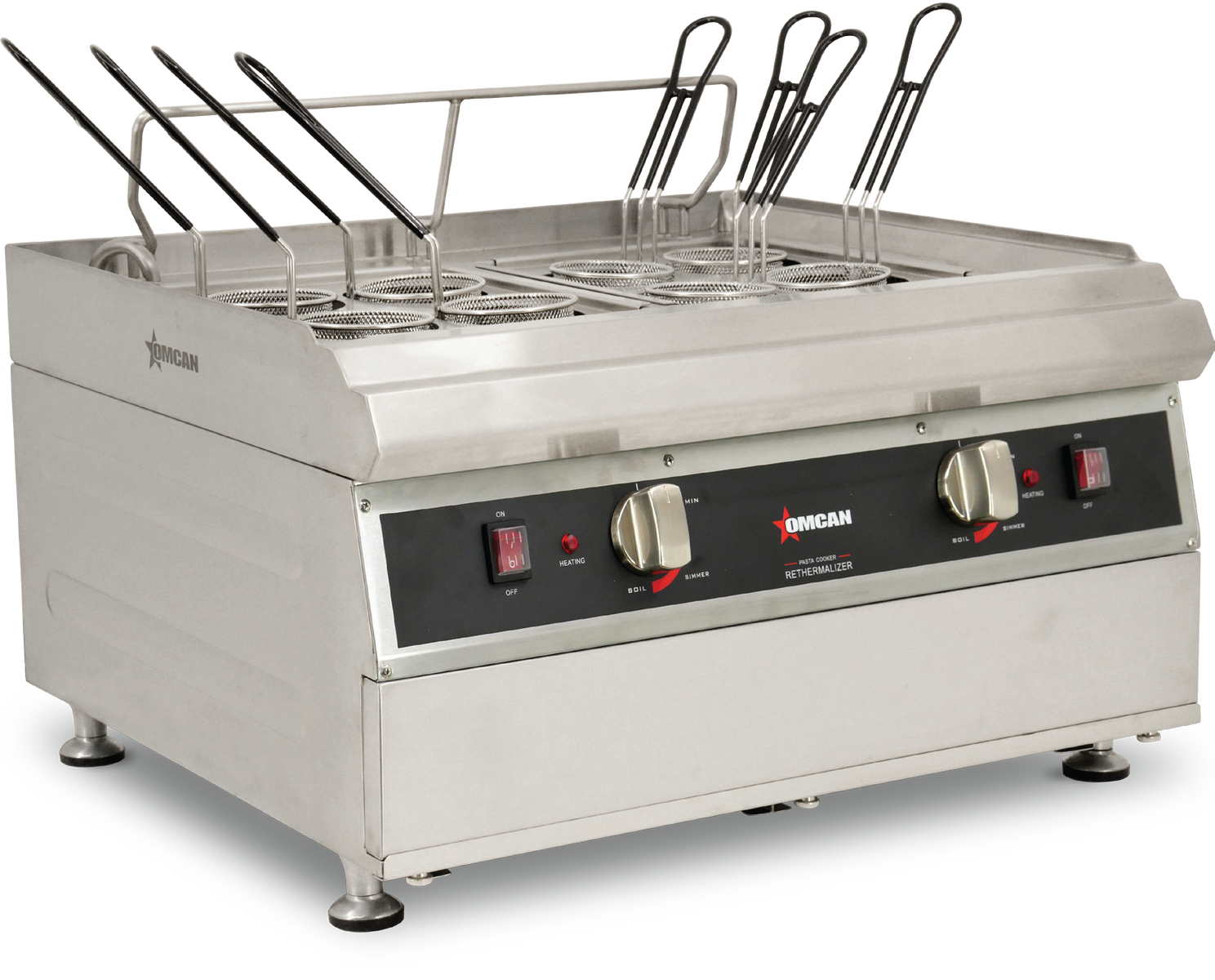 Omcan CE-CN-0008-P 28 In. Countertop Double Tank Electric Pasta Cooker, 2 x 9L Tanks, 8 Round + 4 Rectangular Baskets, 7,200W, 240V