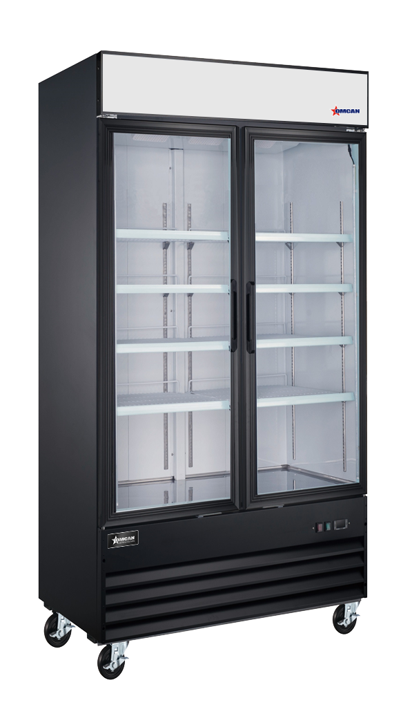 Omcan RE-CN-0039-HC-SB 40 In. Black Two Swing Glass Door Merchandiser Refrigerator, 31.5 Cu. Ft. (892L), R290, LED Lighting