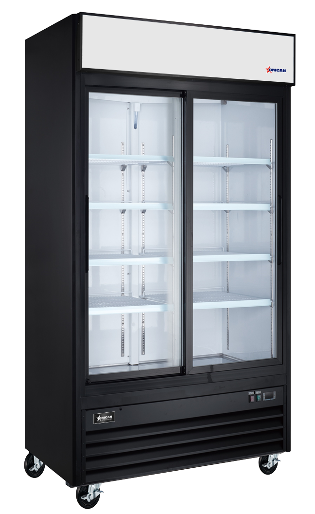 Omcan RE-CN-0039-HC-BK 40 In. Black Two Sliding Glass Door Merchandiser Refrigerator, 31.5 Cu. Ft. (892L), R290, LED Lighting