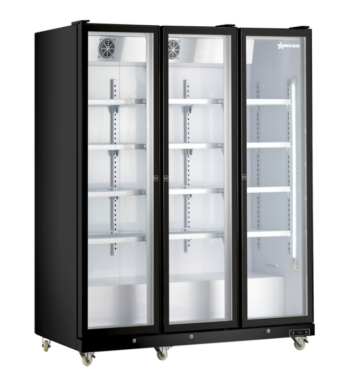 Omcan RE-CN-1500B 71 In. 3-Door Glass Door Merchandiser, 53 Cu. Ft., Black, LED Lighting