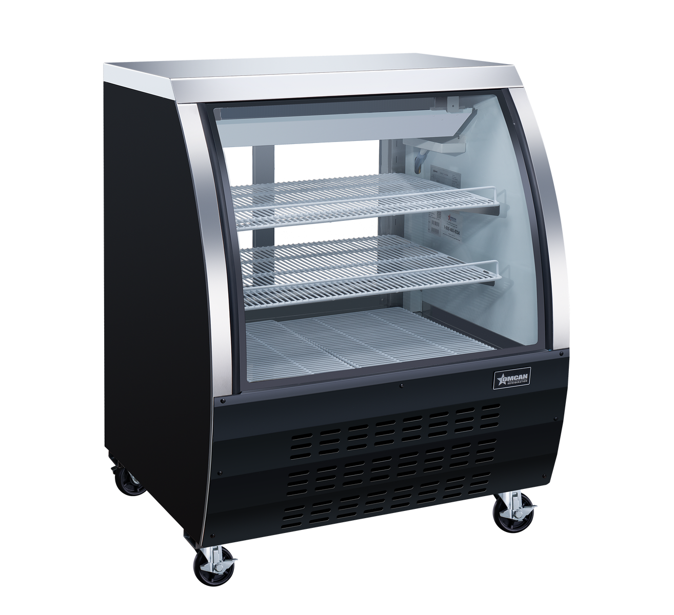 Omcan RS-CN-0092-B 36 In. Black Floor Refrigerated Showcase, 11.6 Cu. Ft., Curved Glass, Rear Sliding Doors