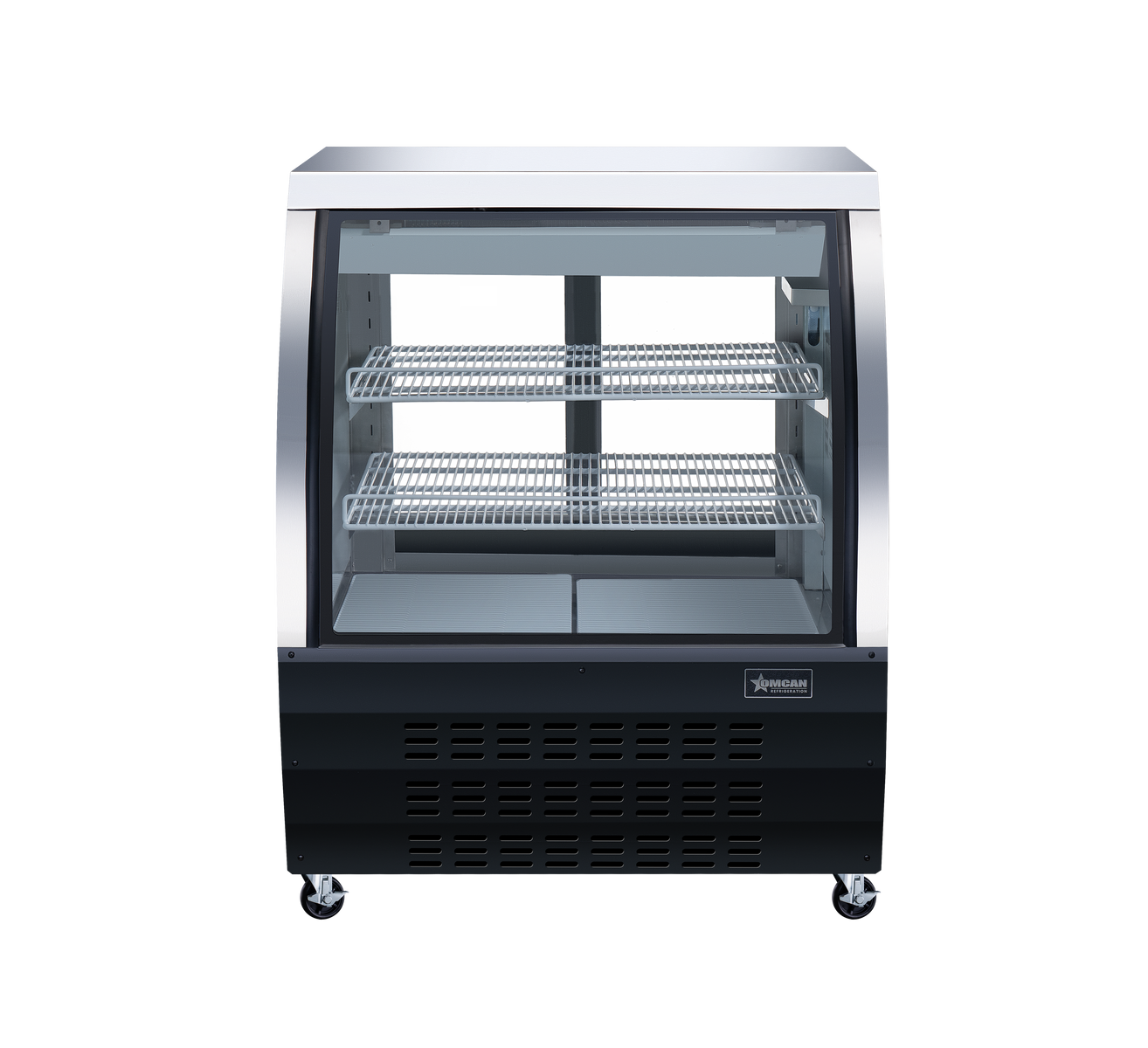 Omcan RS-CN-0092-B 36 In. Black Floor Refrigerated Showcase, 11.6 Cu. Ft., Curved Glass, Rear Sliding Doors