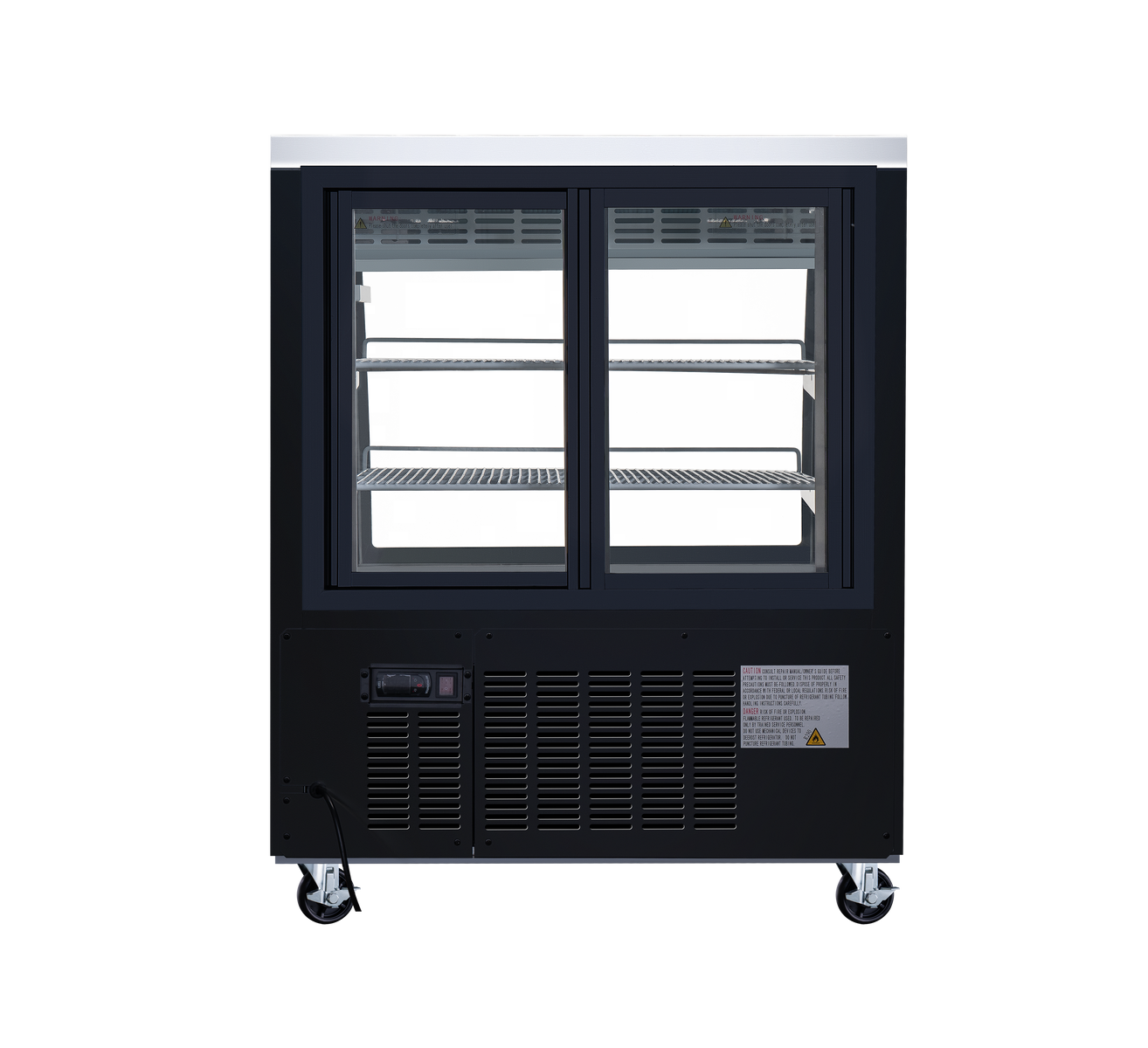 Omcan RS-CN-0092-B 36 In. Black Floor Refrigerated Showcase, 11.6 Cu. Ft., Curved Glass, Rear Sliding Doors