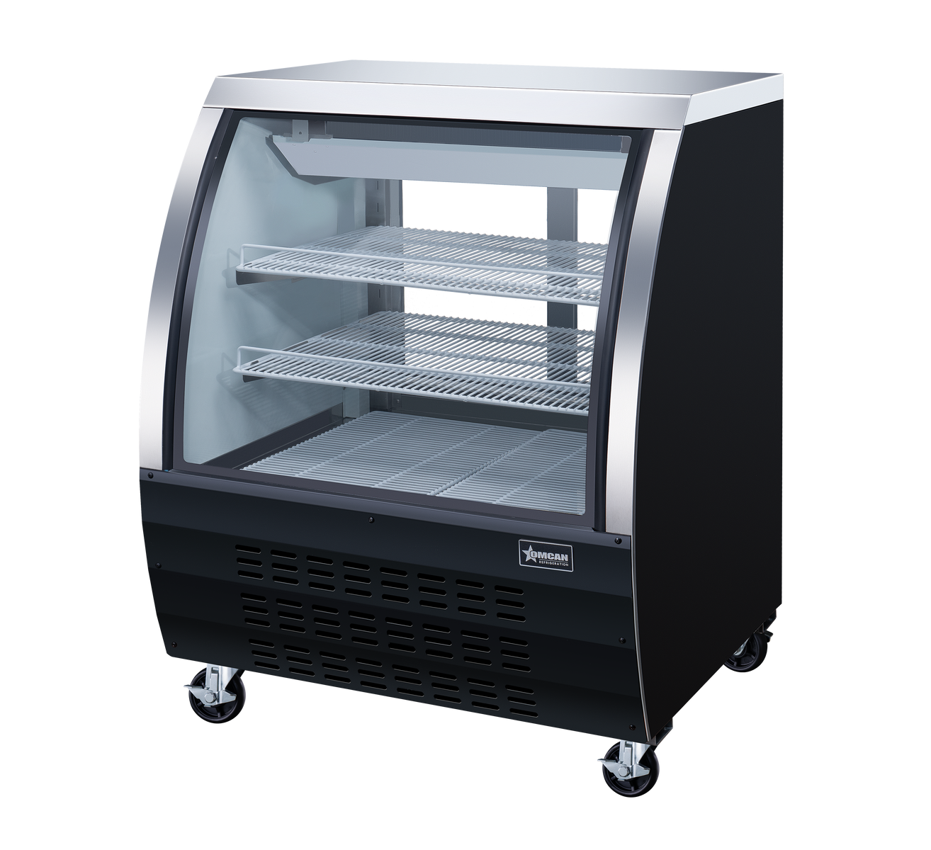 Omcan RS-CN-0092-B 36 In. Black Floor Refrigerated Showcase, 11.6 Cu. Ft., Curved Glass, Rear Sliding Doors