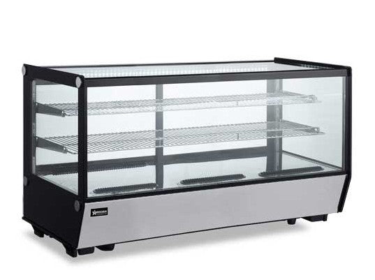 Omcan 47424 60 In. Countertop Square Glass Refrigerated Showcase, 8.89 Cu. Ft. (252L), 3 Shelves, R290, Rear Sliding Doors