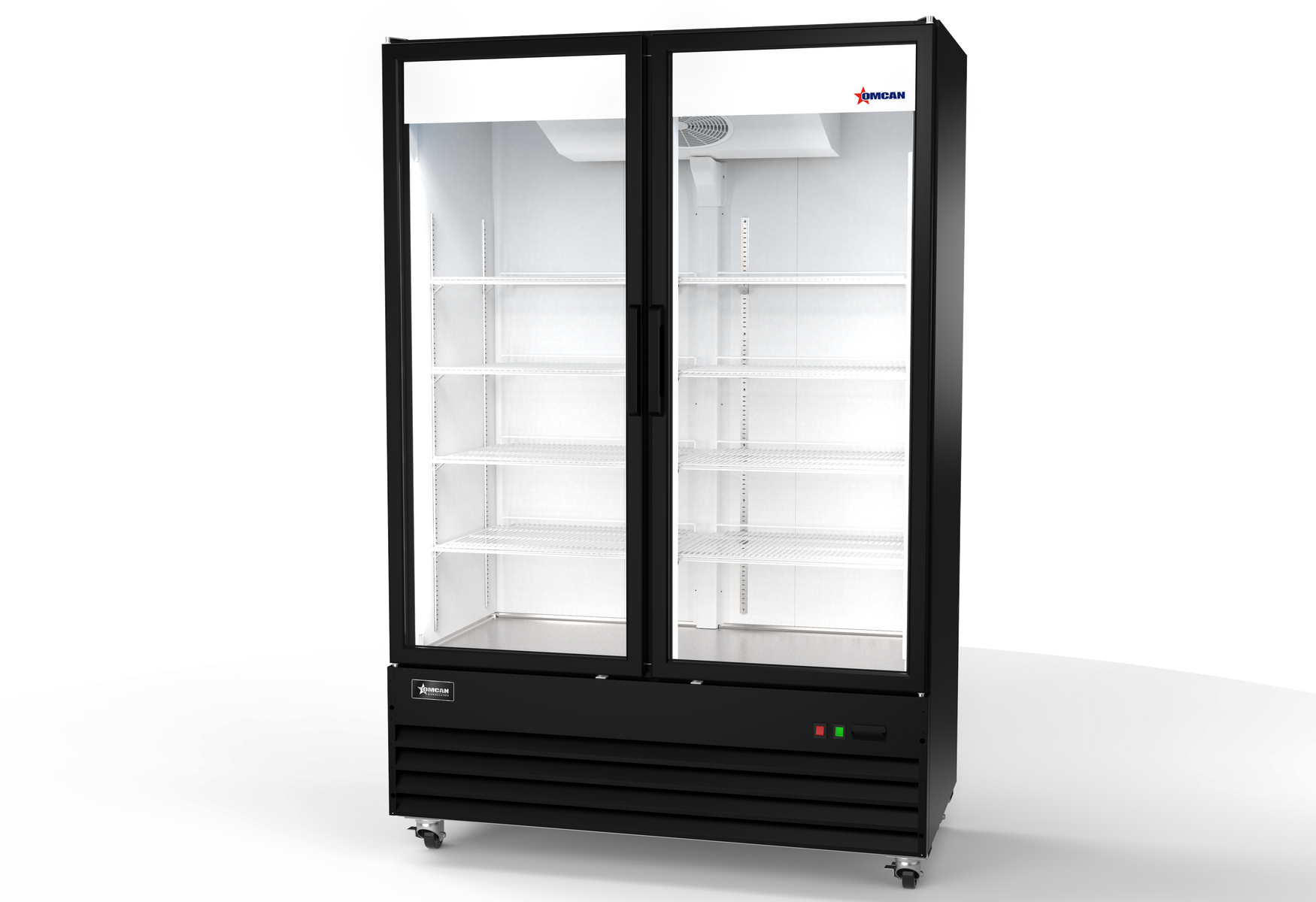 Omcan RE-CN-54R-HC 54 In. Black Two Swing Glass Door Merchandiser Refrigerator, 35.5 Cu. Ft. (1005L), R290, LED Lighting, Bottom Mount