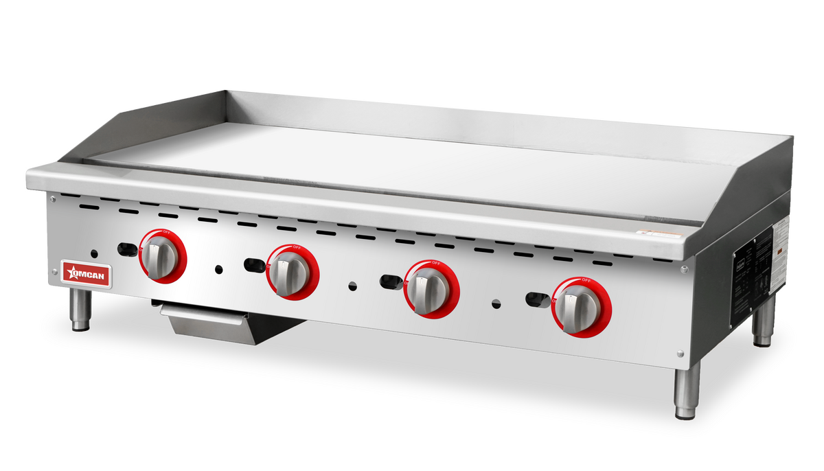 Omcan CE-CN-G48-TP 48 In. Countertop Thermostat Gas Griddle, 4 Burners, 112,000 BTU, 1" thick steel griddle plate