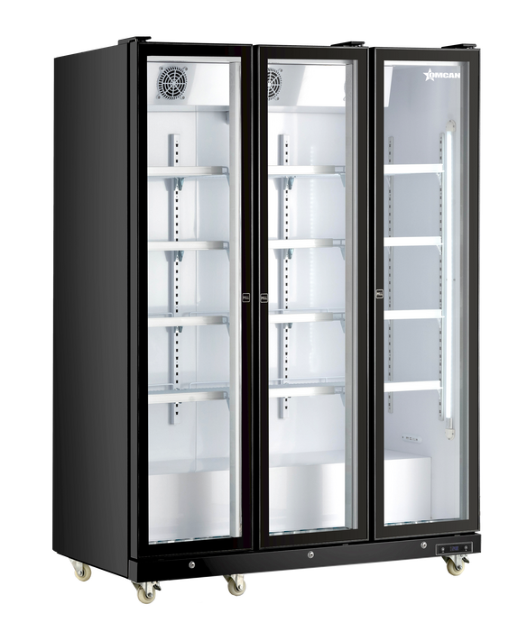 Omcan RE-CN-1200B 59 In. 3-Door Glass Door Merchandiser, 42.4 Cu. Ft., Black, LED Lighting