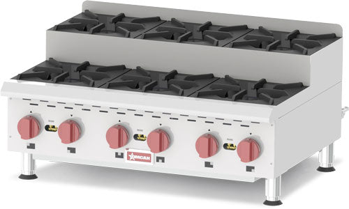 Omcan CE-CN-0636-S 36 In. Countertop Step-Up Gas Hot Plate, 6 Burners, 180,000 BTU, Cast Iron Grates