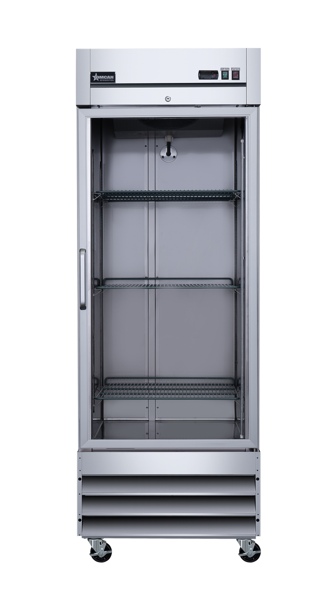 Omcan 51024 29 In. Stainless Steel Glass Door Reach-In Refrigerator, 23 Cu. Ft., Embraco Compressor, Manual Defrost