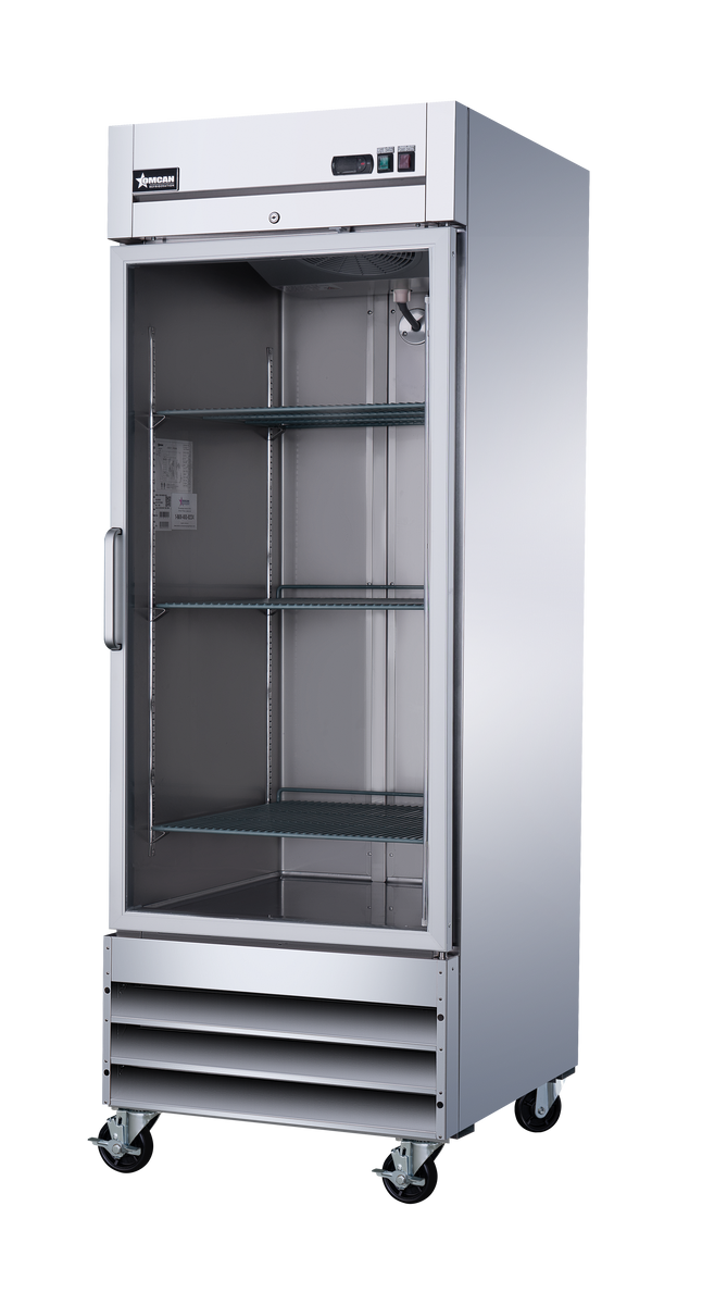 Omcan 51024 29 In. Stainless Steel Glass Door Reach-In Refrigerator, 23 Cu. Ft., Embraco Compressor, Manual Defrost