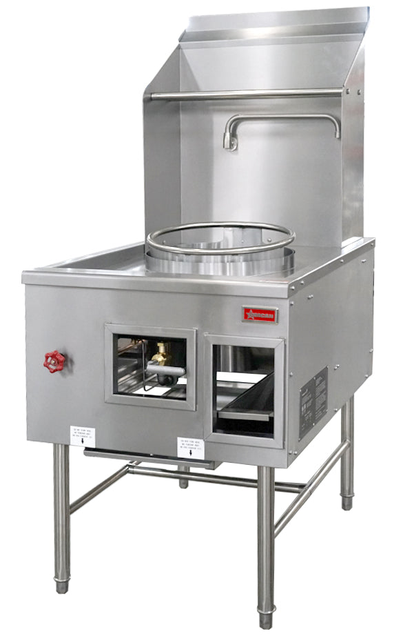 Omcan CE-CN-W1L1-NG 27.8 In. Natural Gas Chamber Wok Range, 1 chamber (16" ring), 125,000 BTU, Stainless Steel Faucet and Backsplash