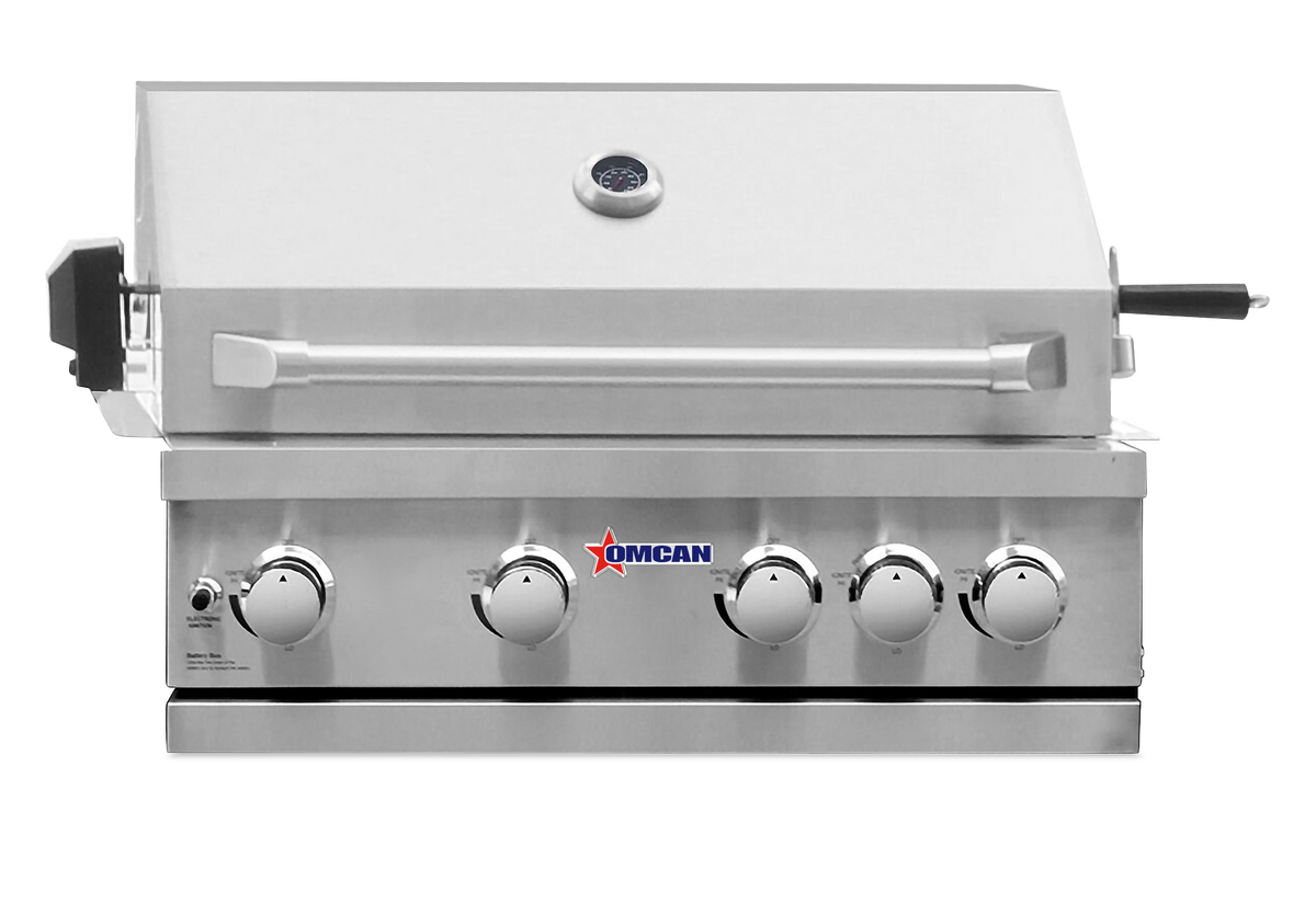 Omcan CE-CN-0030-B LP 30 In. Built-In Propane BBQ Grill, 5 Burners, 58,000 BTU, Rotisserie Kit, LED Lighting