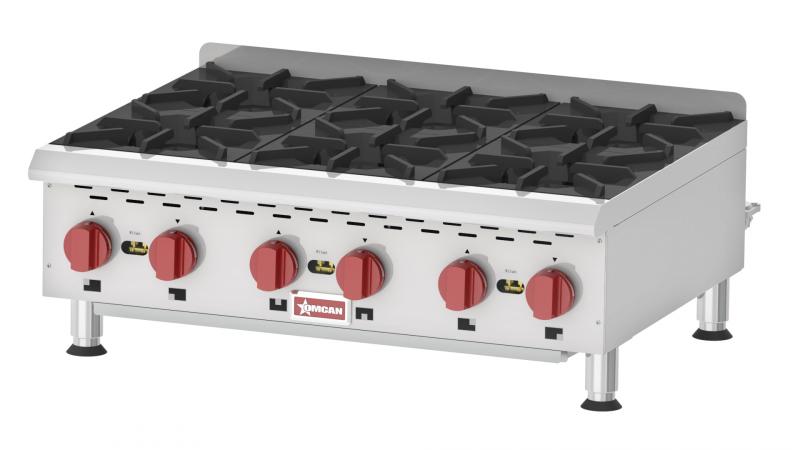 Omcan CE-CN-HP636M 36 In. Countertop Gas Hot Plate, 6 Burners, 132,000 BTU, Cast Iron Grates