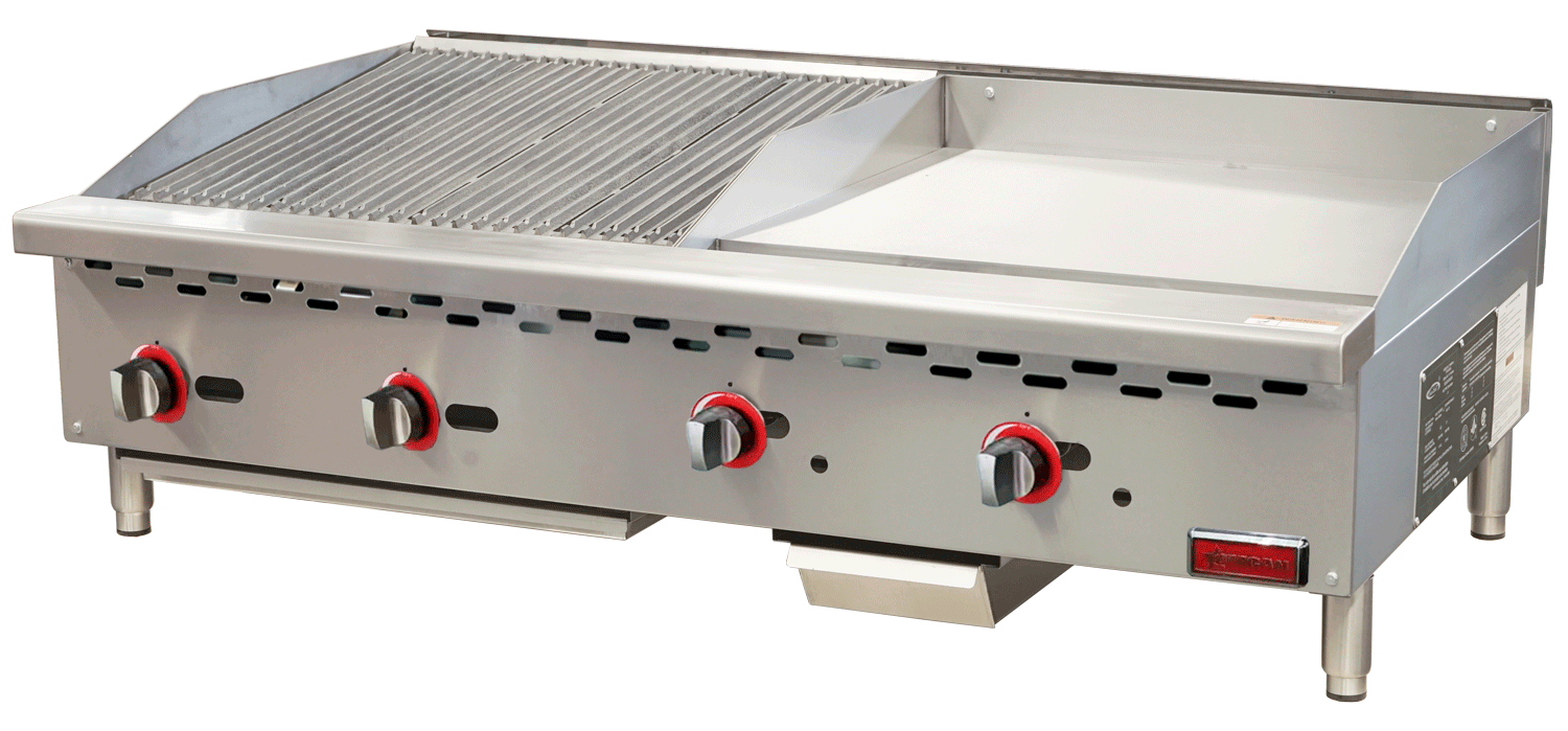 Omcan CE-CN-24C24G 48 In. Countertop Gas Charbroiler and Griddle Combo, 24" Charbroiler + 24" Griddle, 130,000 BTU