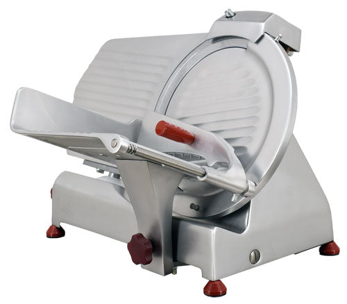 Omcan MS-IT-300-I 12 In. Belt-Driven Meat Slicer, 246W, Red, Compact, Ball Bearing Carriage