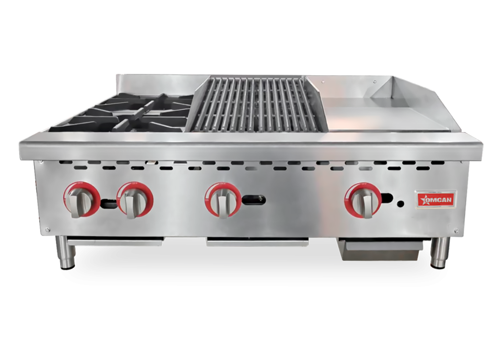 Omcan CE-CN-12H12C12G 36 In. Countertop Gas Combination Hot Plate, Charbroiler and Griddle, 115,000 BTU, Natural Gas