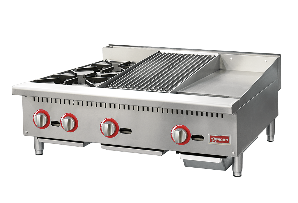 Omcan CE-CN-12H12C12G 36 In. Countertop Gas Combination Hot Plate, Charbroiler and Griddle, 115,000 BTU, Natural Gas