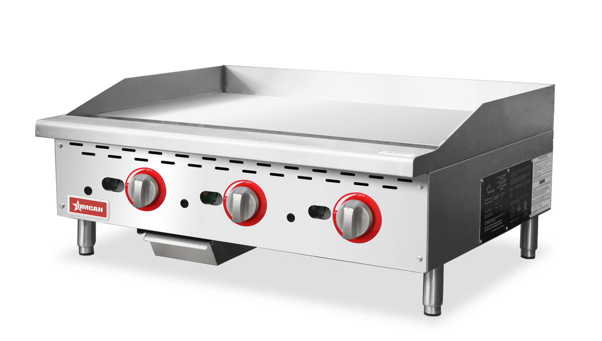Omcan CE-CN-G36-TP 36 In. Countertop Thermostat Gas Griddle, 3 Burners, 84,000 BTU, 1" thick steel griddle plate