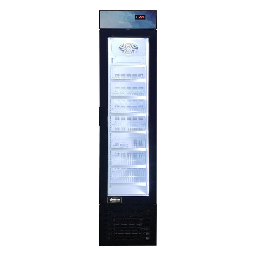 Omcan FR-CN-0105B 17 In. Slim Glass-Door Black Display Freezer, 105L (3.7 Cu. Ft.), 8 Shelves, Top Lightbox